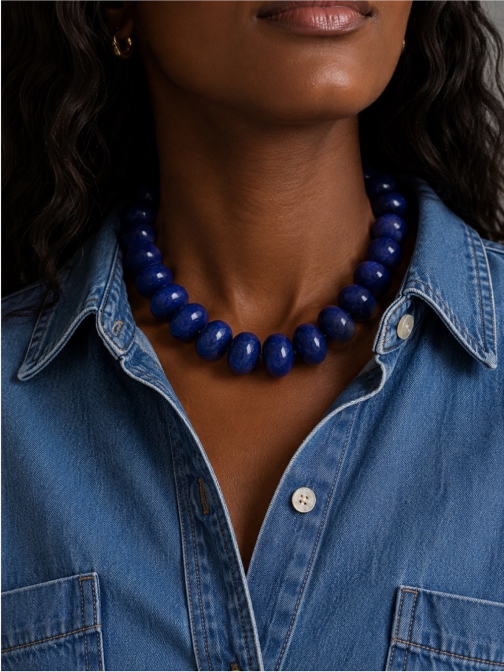 New! Deep Navy Resin Dopamine Marbled Beaded Chunky Statement Necklace Choker